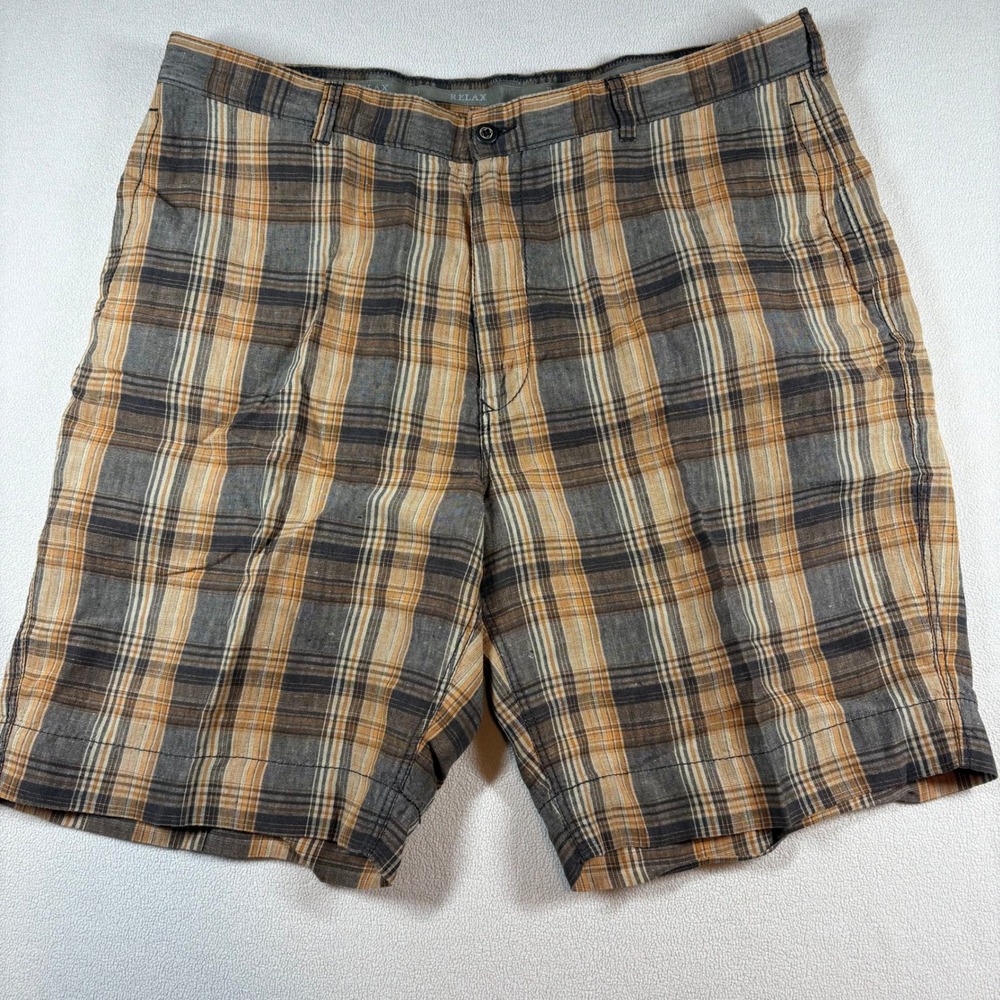 Tommy Bahama Mens Relax Linen Plaid Shorts 40 Brown/Orange Preppy Resortwear